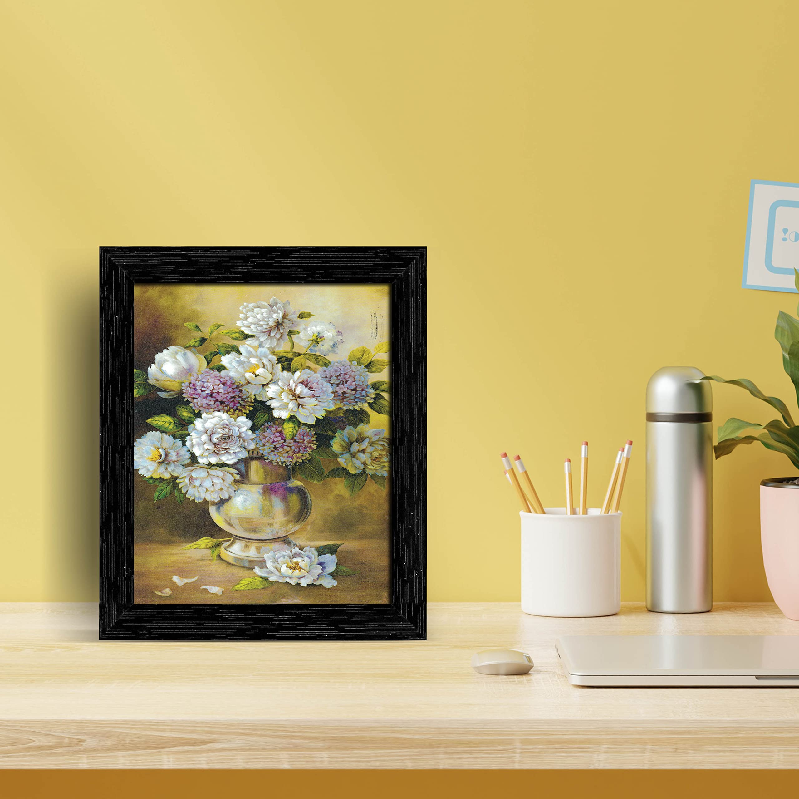 Indianara Multicolored Flowers In A Vase Framed Wall Painting With Table Top 2321Ttbk (8 Ix 6 Inch) -With Frame & Glass
